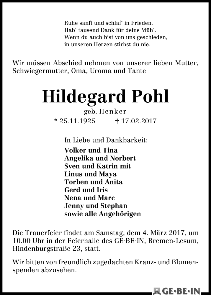 Traueranzeige von Hildegard Pohl von Die Norddeutsche