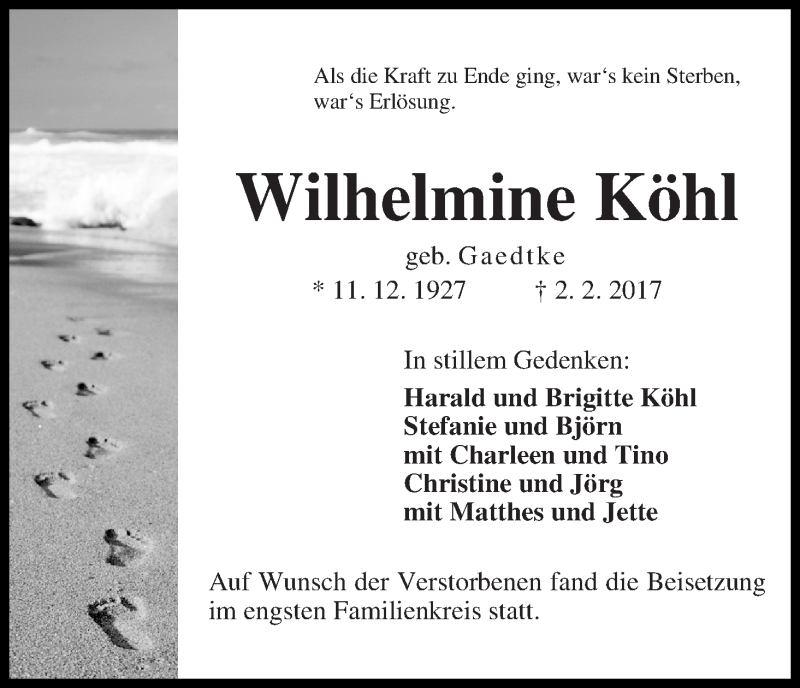Traueranzeige von Wilhelmine Köhl von Die Norddeutsche