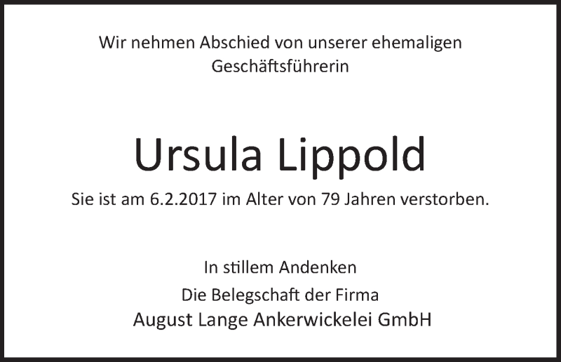 Traueranzeige von Ursula Lippold von WESER-KURIER