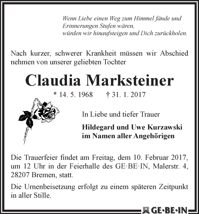 Traueranzeige von Claudia Marksteiner von WESER-KURIER