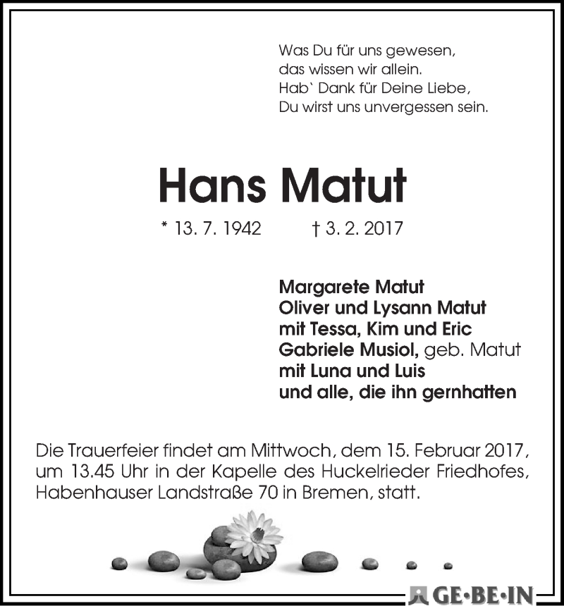 Traueranzeige von Hans Matut von WESER-KURIER