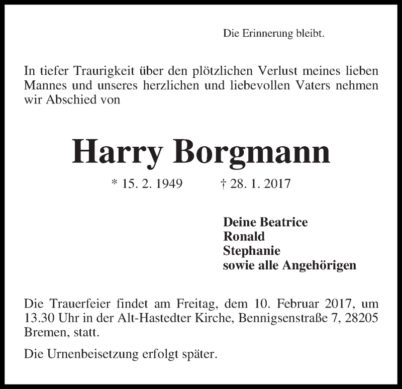  Traueranzeige für Harry Borgmann vom 04.02.2017 aus WESER-KURIER