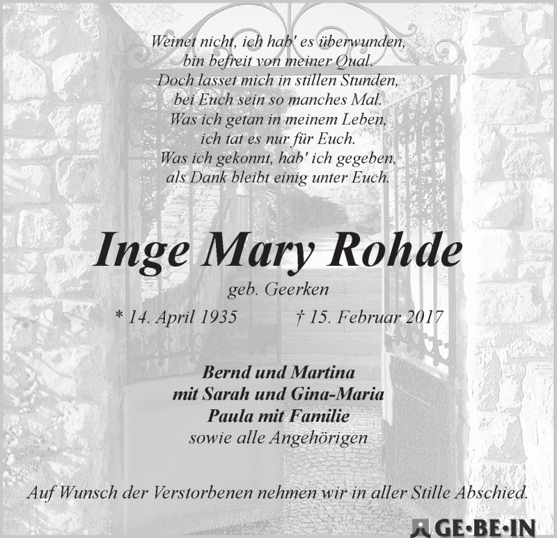 Traueranzeige von Inge Mary Rohde von WESER-KURIER