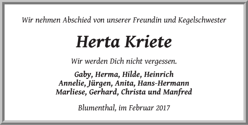  Traueranzeige für Herta Kriete vom 15.02.2017 aus Die Norddeutsche