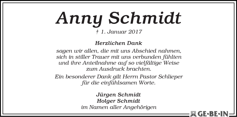 Traueranzeige von Anny Schmidt von WESER-KURIER
