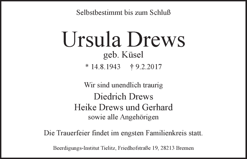Traueranzeige von Ursula Drews von WESER-KURIER