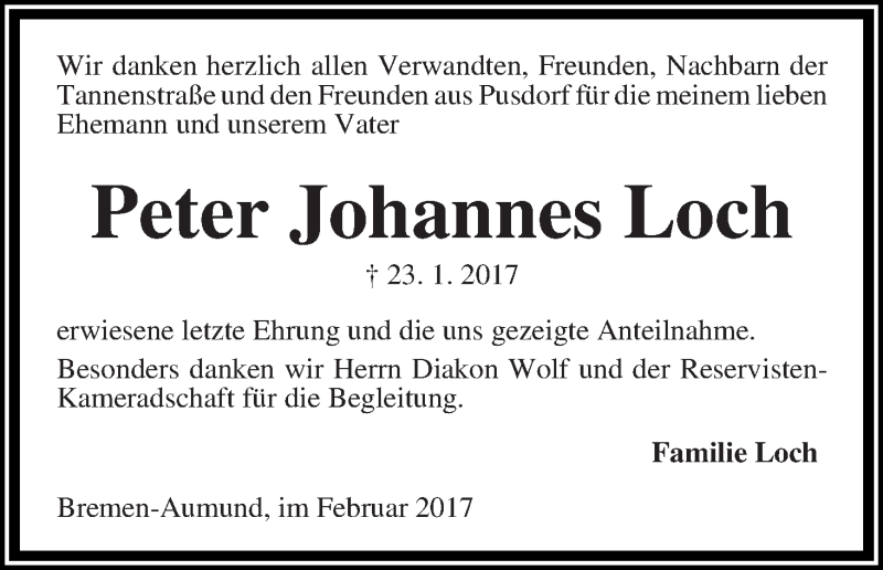 Traueranzeige von Peter Johannes Loch von Die Norddeutsche