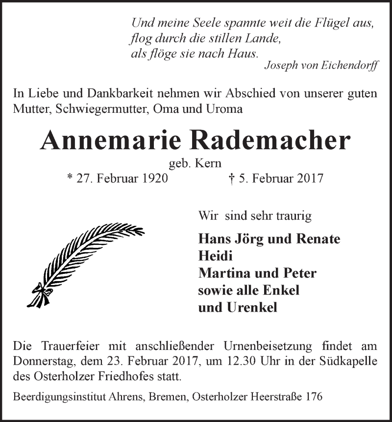 Traueranzeige von Annemarie Rademacher von WESER-KURIER