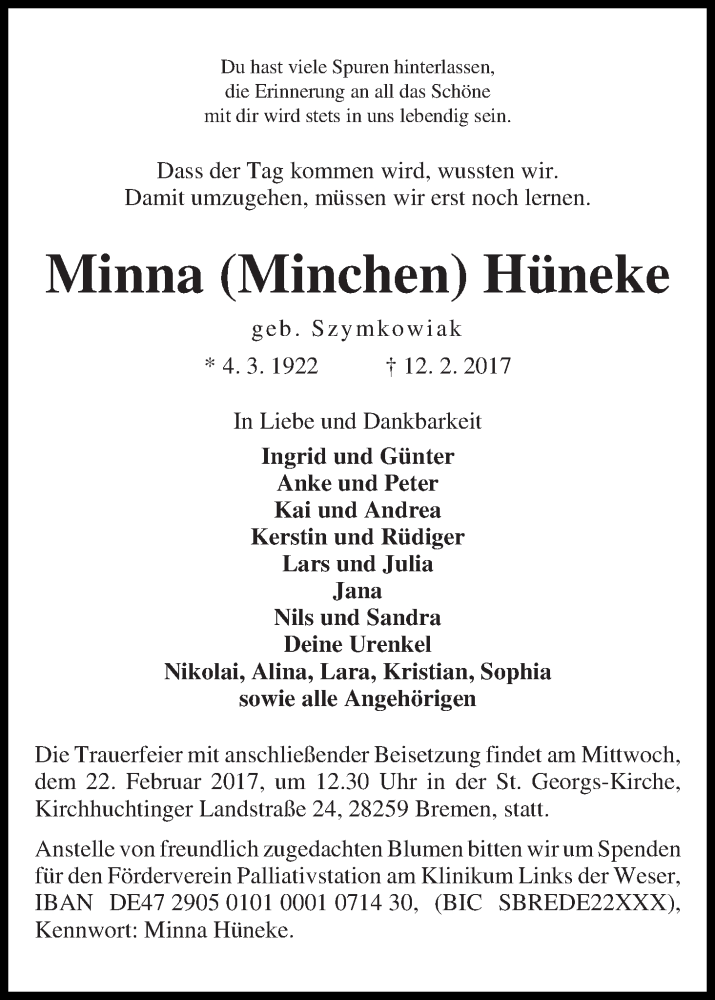  Traueranzeige für Minna (Minchen) Hüneke vom 18.02.2017 aus WESER-KURIER