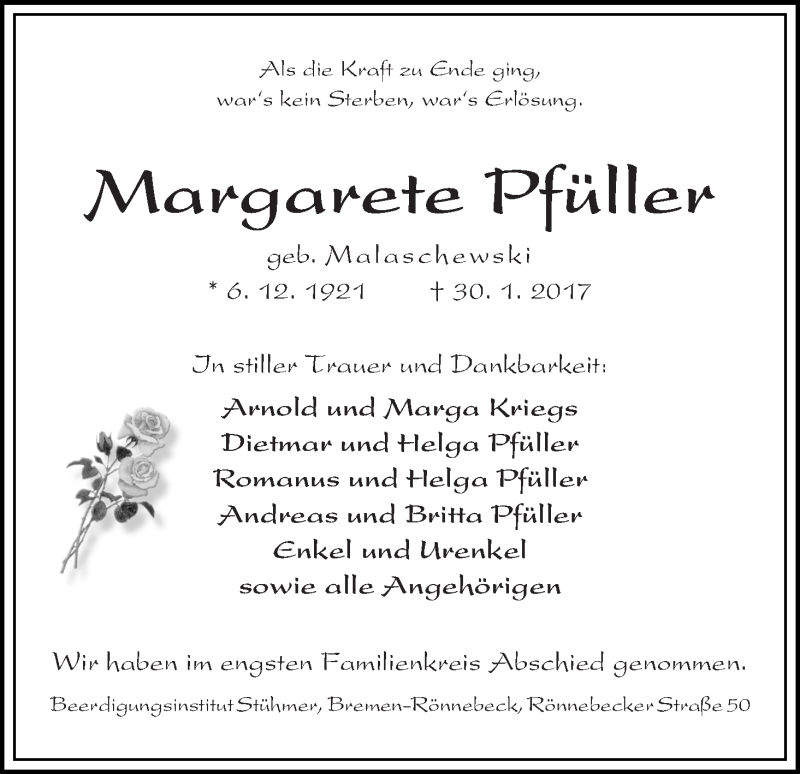 Traueranzeige für Margarete Pfüller vom 25.02.2017 aus Die Norddeutsche