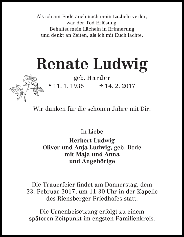 Traueranzeige von Renate Ludwig von WESER-KURIER