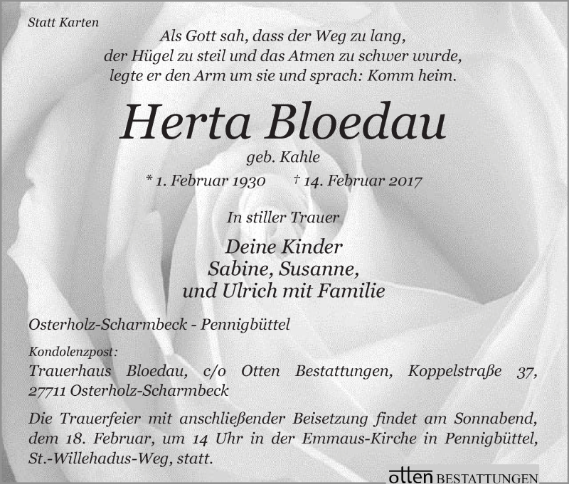 Traueranzeige von Herta Bloedau von Osterholzer Kreisblatt