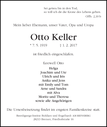 Traueranzeige von Otto Keller