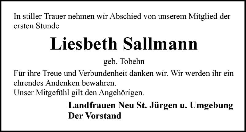 Traueranzeige von Liesbeth Sallmann von Wuemme Zeitung
