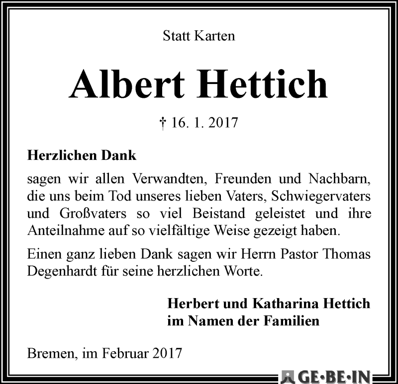 Traueranzeige von Albert Hettich von WESER-KURIER