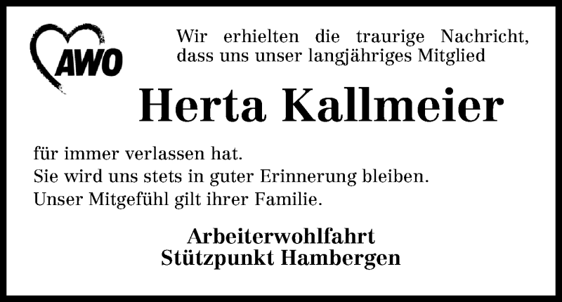 Traueranzeige von Herta Kallmeier von Osterholzer Kreisblatt