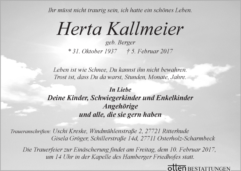 Traueranzeige von Herta Kallmeier von Osterholzer Kreisblatt