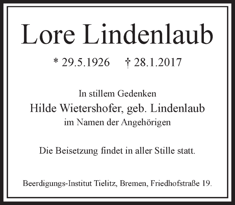 Traueranzeige von Lore Lindenlaub von WESER-KURIER