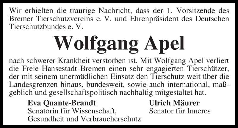  Traueranzeige für Wolfgang Apel vom 11.02.2017 aus WESER-KURIER