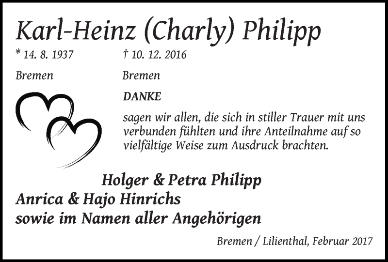 Traueranzeige von Karl-Heinz (Charly) Philipp von WESER-KURIER