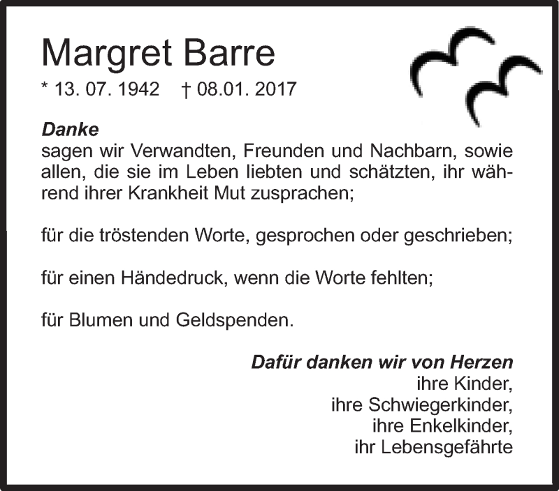 Traueranzeige von Margret Barre von Die Norddeutsche