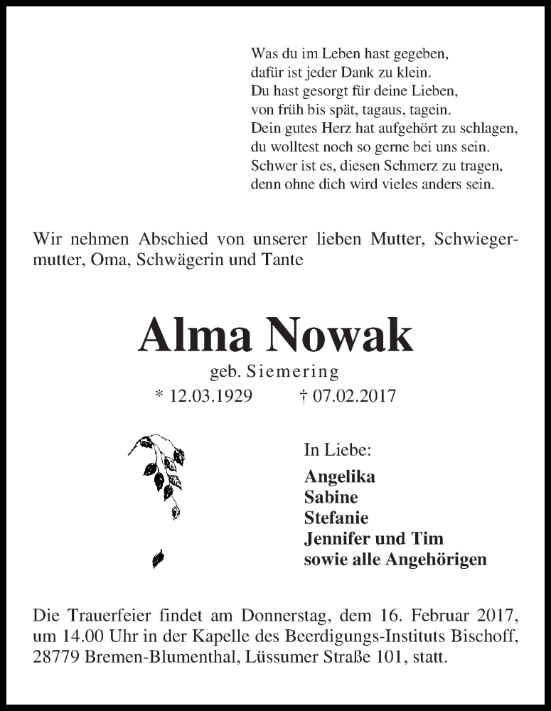 Traueranzeige von Alma Nowak von Die Norddeutsche