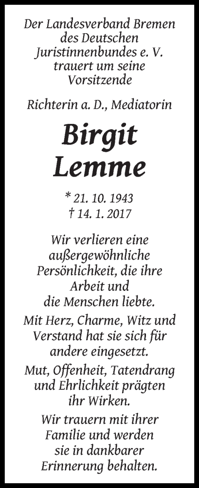 Traueranzeige von Birgit Lemme von WESER-KURIER