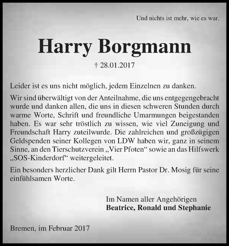  Traueranzeige für Harry Borgmann vom 25.02.2017 aus WESER-KURIER