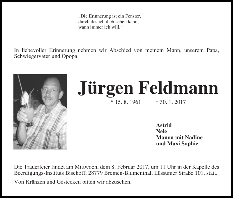 Traueranzeige von Jürgen Feldmann von Die Norddeutsche