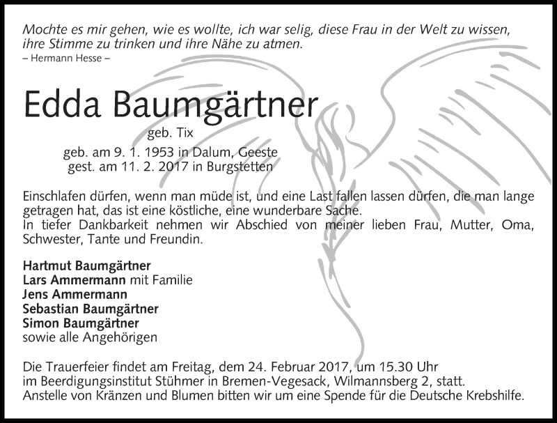  Traueranzeige für Edda Baumgärtner vom 18.02.2017 aus WESER-KURIER