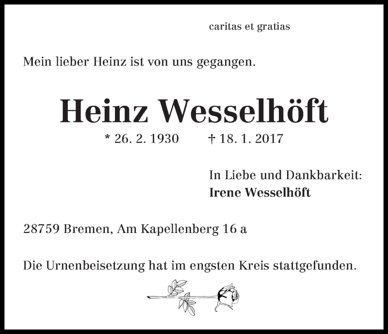 Traueranzeige von Heinz Wesselhöft von Die Norddeutsche