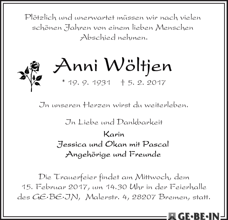 Traueranzeige von Anni Wöltjen von WESER-KURIER