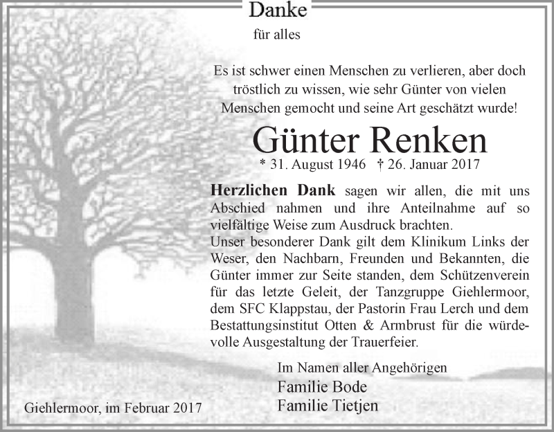 Traueranzeige von Günter Renken von Osterholzer Kreisblatt