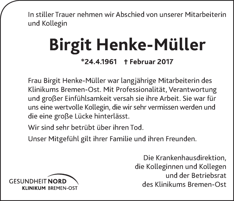  Traueranzeige für Birgit Henke-Müller vom 18.02.2017 aus WESER-KURIER