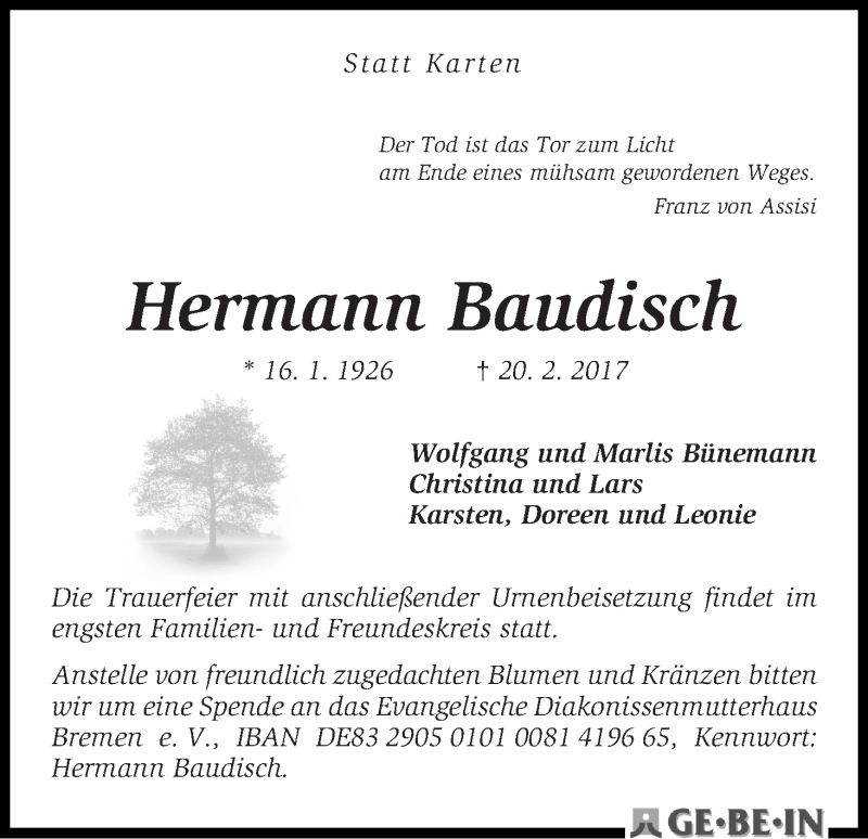 Traueranzeige von Hermann Baudisch von WESER-KURIER