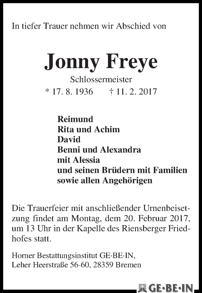 Traueranzeige von Jonny Freye von WESER-KURIER