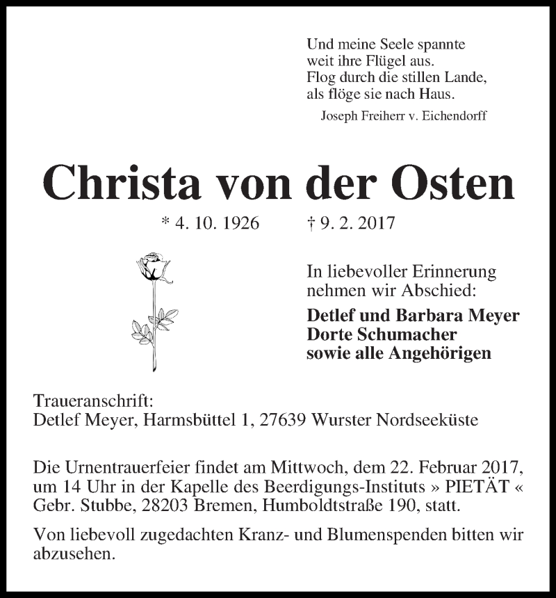 Traueranzeige von Christa von der Osten von WESER-KURIER