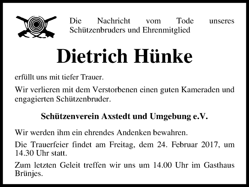 Traueranzeige von Dietrich Hünke von Osterholzer Kreisblatt