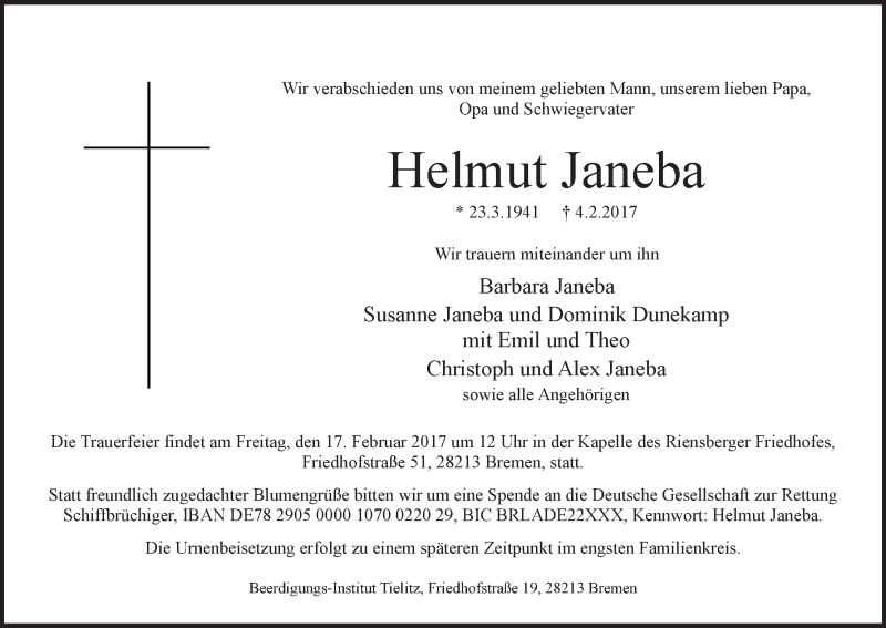 Traueranzeige von Helmut Janeba von WESER-KURIER