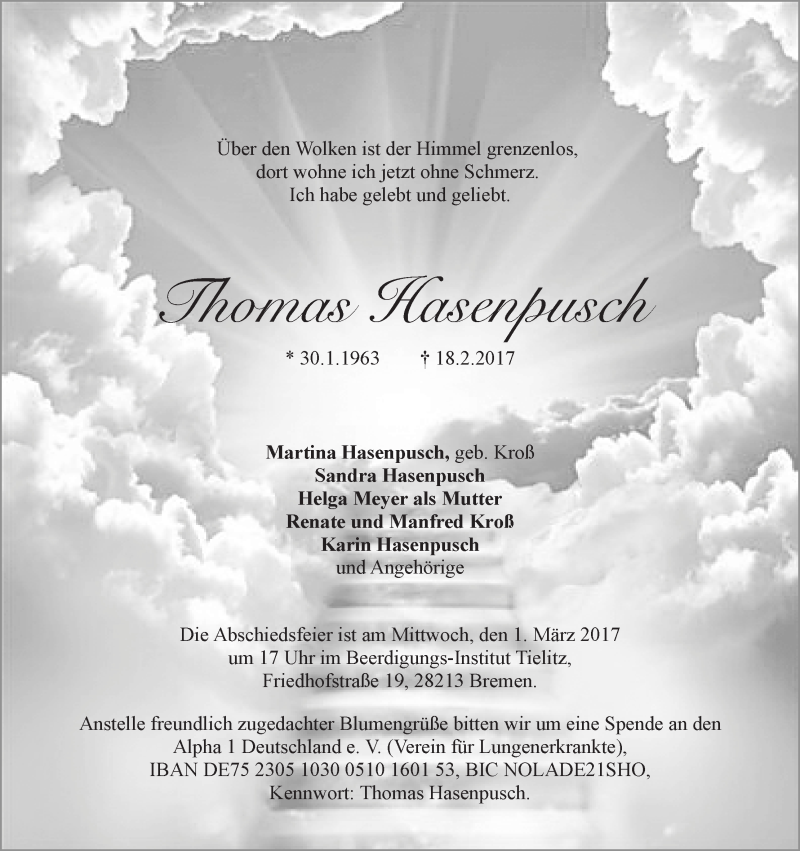 Traueranzeige von Thomas Hasenpusch von WESER-KURIER