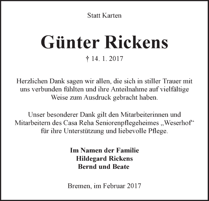  Traueranzeige für Günter Rickens vom 11.02.2017 aus WESER-KURIER