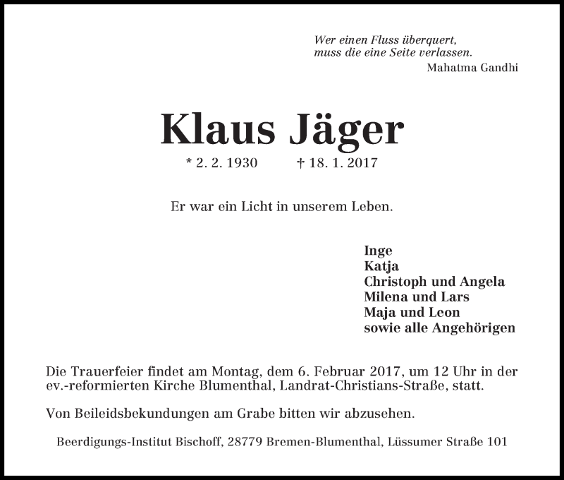 Traueranzeige von Klaus Jäger von Die Norddeutsche