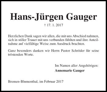 Traueranzeige von Hans-JÃürgen Gauger