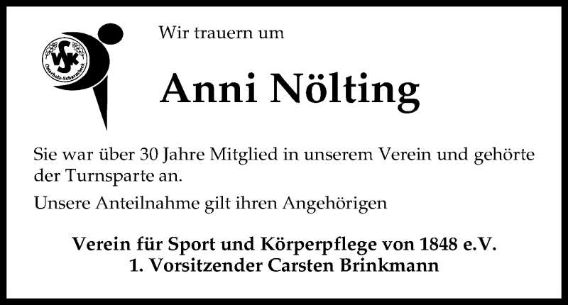 Traueranzeige von Anni Nölting von Osterholzer Kreisblatt