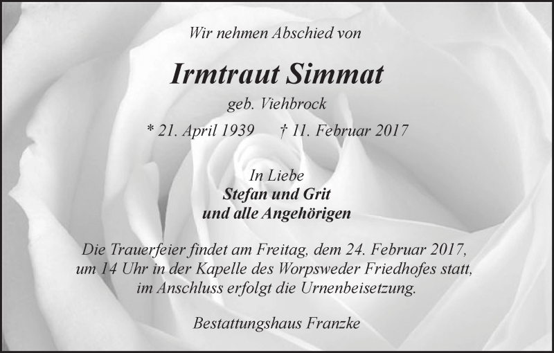 Traueranzeige von Irmtraut Simmat von Wuemme Zeitung