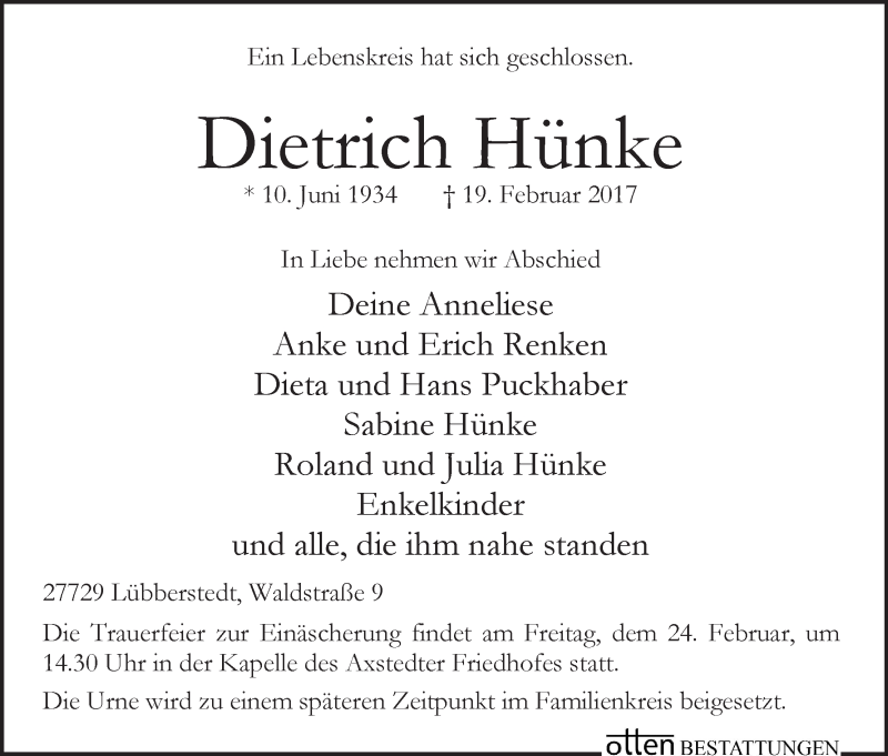 Traueranzeige von Dietrich Hünke von Osterholzer Kreisblatt