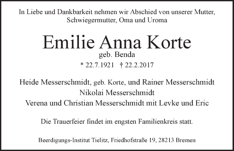 Traueranzeige von Emilie Anna Korte von WESER-KURIER