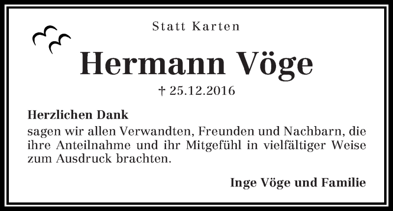 Traueranzeige von Hermann Vöge von WESER-KURIER