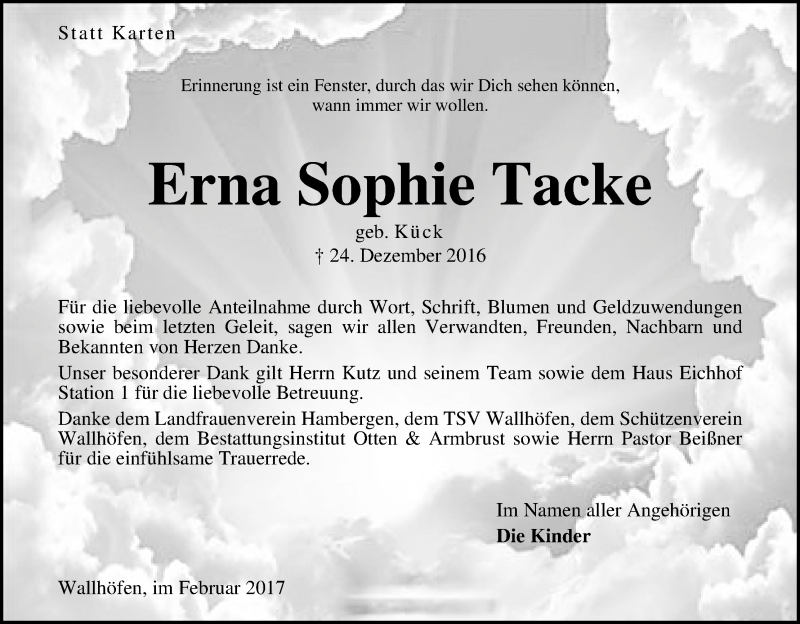 Traueranzeige von Erna Sophie Tacke von Osterholzer Kreisblatt