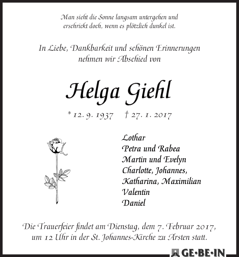 Traueranzeige von Helga Giehl von WESER-KURIER